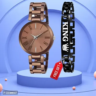 Brown Dial Brown Chain Strap Women Anlaog Watch With Free Gift King Black Bracelet