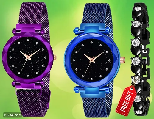 Diamond Studded Sky Dial Megnetic Mesh Red / Blue Strap Analog Watch With Free Gift Diamond Black Bracelet Only For Cute Girls /Women