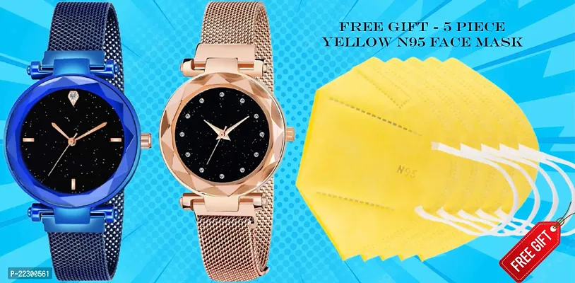 Diamond Studded Sky Dial Magnetic Mesh Belt Women Analog Watch With Free Gift 5 Piece N95 Yellow Mask-thumb0