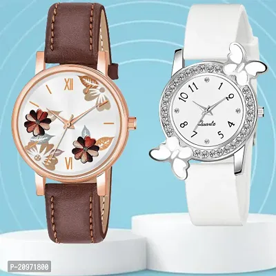 Brown Flower Dial Brown Belt Analog Watch With day-flying Design White Dial White PU Belt For Women/Girls