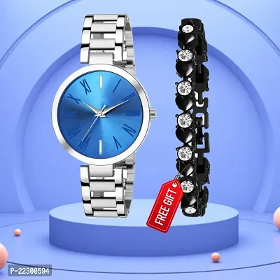 Blue Dial silver Chain Strap Women Anlaog Watch With Free Gift Diamond Black Bracelet