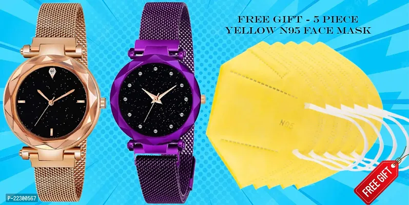 Diamond Studded Sky Dial Magnetic Mesh Belt Women Analog Watch With Free Gift 5 Piece N95 Yellow Mask