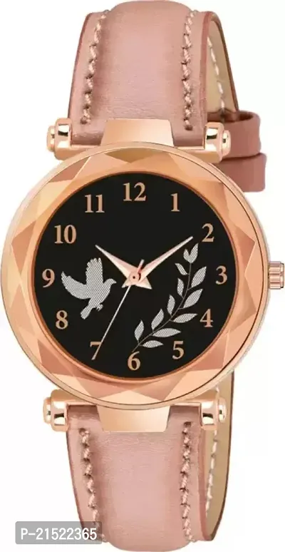 Bird And Leaf Classic Design Black Dial Pink Leather Strap Analog Watch For Girls/Women