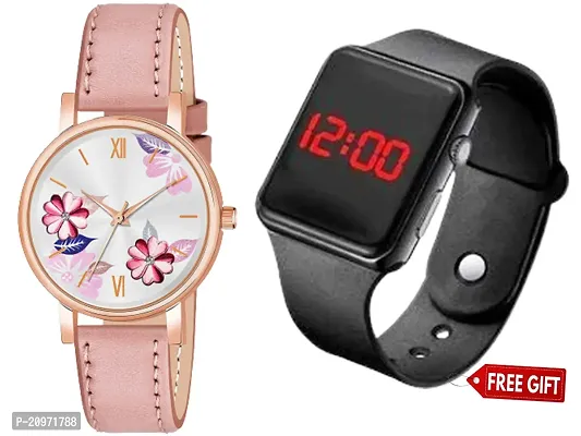 Peach Flower Dial Peach Belt Analog Watch For Women/Girls With Free Gift Square Digital Black Watch For Your Lovely Boys/Girls