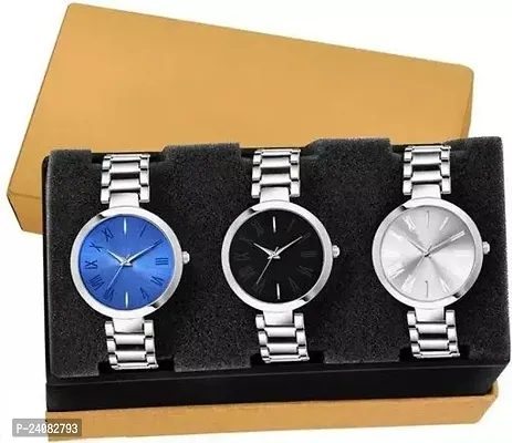 New Sylish Blue Black Silver Dial With Silver Dial Chain Srap Analog Watch  For Girls / Women Pack Of 3