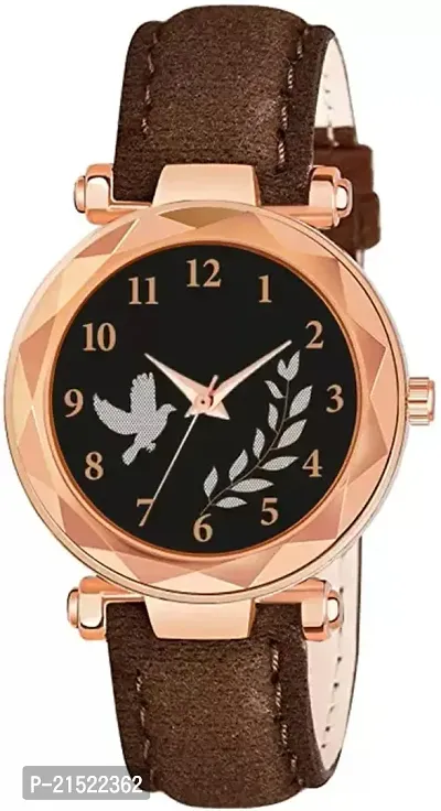 Bird And Leaf Classic Design Black Dial Brown Leather Strap Analog Watch For Girls/Women