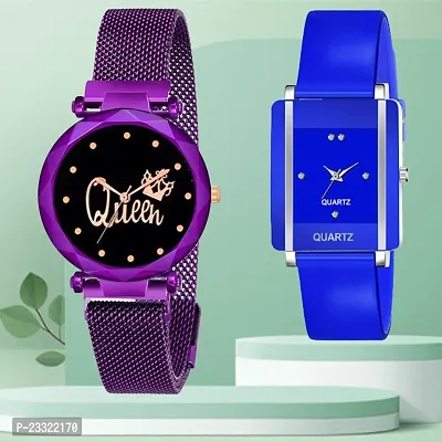 Queen Design Black Dial Purple Mesh Megnetic Strap With Rectangle Blue Dial Blue PU Belt Analog Watch Form Women/Girls