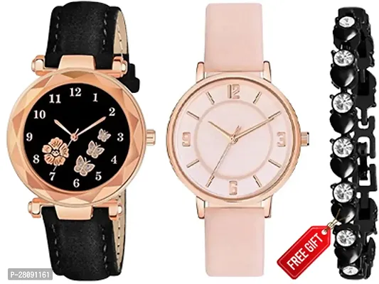 Modern Fashion 2 Watch Combo For Women And Girls With Free Gift Diamond Black Bracelet-thumb0