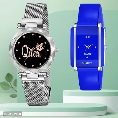 Queen Design Black Dial Silver Mesh Megnetic Strap With Rectangle Blue Dial Blue PU Belt Analog Watch Form Women/Girls-thumb0