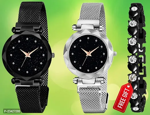 Diamond Studded Sky Dial Megnetic Mesh Black / Silver Strap Analog Watch With Free Gift Diamond Black Bracelet Only For Cute Girls /Women