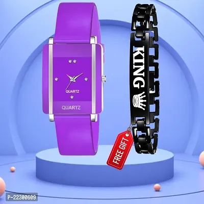 Rectangle Purple Dial Purple PU Belt Analog Women Watch With Free Gift King Black Bracelet