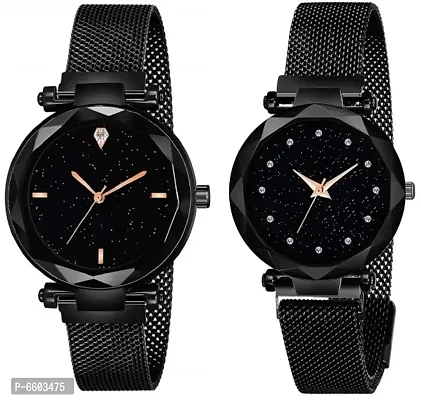 Unique Design Diamond Studded Black Dial Magnet Closure Mesh Trap Combo Watch For Girls/Women