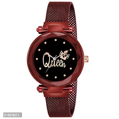 Queen Design Diamond Studded Black Dial Mesh Magnet Trap Watch For women/Girls