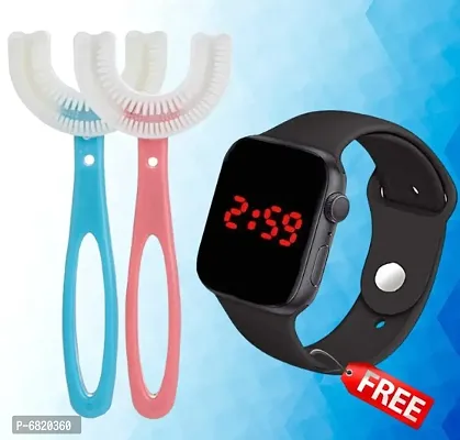 Baby Toothbrush Children 360 Degree U-shaped Child Toothbrush (pack of 2) Extra Soft Toothbrush (2 Toothbrushes) With Square LED Black Watch Free-thumb0