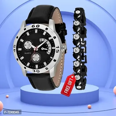 Buy Unique Design Black Dial Pu Belt Analog Men Watch With Free