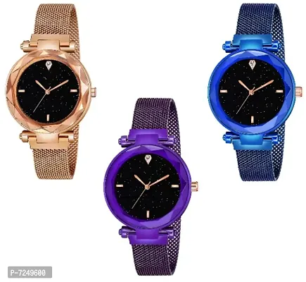 New Creative Design Multicolor Mesh Trap Magnetic Closer Combo Watch For Women Pack Of 2