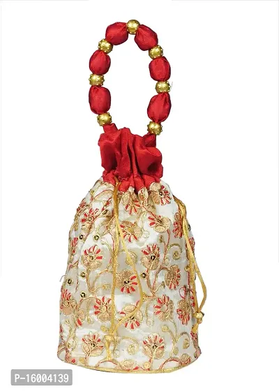 SuneshCreation Raw Silk Floral Ethnic Rajasthani Multicolor Embroidered Potli Bag Handbag, Wristlets, Clutch for Women, Girls with Handmade