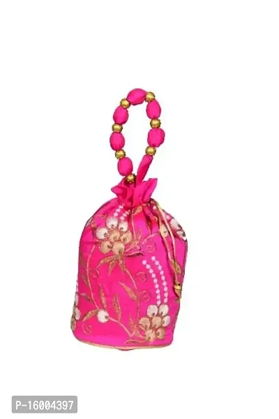 SuneshCreation Raw Silk Floral Ethnic Rajasthani Multicolor Embroidered Potli Bag Handbag, Wristlets, Clutch for Women, Girls with Handmade-thumb0