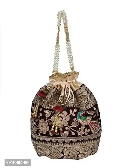 SuneshCreation Raw Silk Floral Ethnic Rajasthani Multicolor Embroidered Potli Bag Handbag, Wristlets, Clutch for Women, Girls with Handmade Perfect Gifts-thumb5