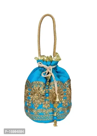 SuneshCreation Raw Silk Floral Ethnic Rajasthani Multicolor Embroidered Potli Bag Handbag, Wristlets, Clutch for Women, Girls with Handmade Gift for Wedding  Other Occasion (Multi 7)