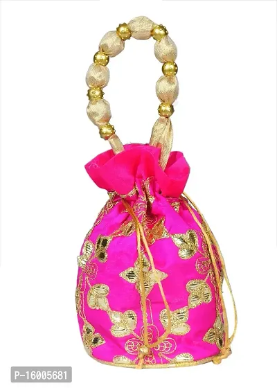 SuneshCreation Raw Silk Floral Ethnic Rajasthani Multicolor Embroidered Potli Bag Handbag, Wristlets, Clutch for Women, Girls with Handmade Perfect Gifts