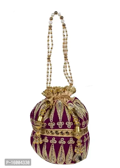 SuneshCreation Raw Silk Floral Ethnic Rajasthani Multicolor Embroidered Potli Bag Handbag, Wristlets, Clutch for Women, Girls with Handmade Perfect Gifts (16 x 11 x 21 cm)