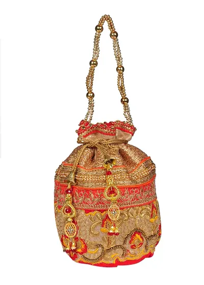 SUNVIKA HOUSE Raw Silk Floral Ethnic Rajasthani Embroidered Potli Bag Handbag, Wristlets, Clutch for Women, Girls with Handmade (16 X 11 X 21 Cm) Color :