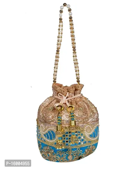 SuneshCreation Raw Silk Floral Ethnic Rajasthani Multicolor Embroidered Potli Bag Handbag, Wristlets, Clutch for Women, Girls with Handmade Perfect Gifts (16 x 11 x 21 cm)-thumb0