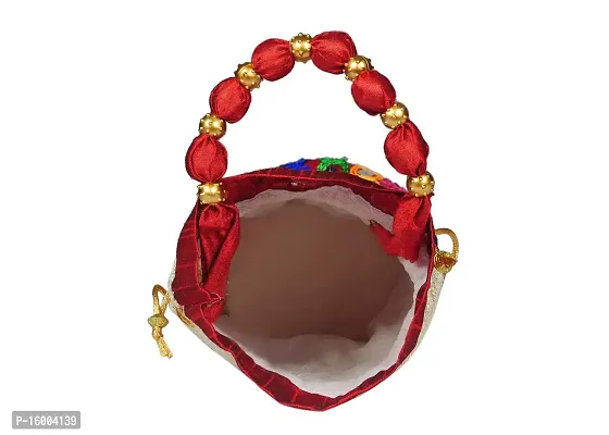 SuneshCreation Raw Silk Floral Ethnic Rajasthani Multicolor Embroidered Potli Bag Handbag, Wristlets, Clutch for Women, Girls with Handmade-thumb2