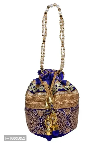 SuneshCreation Raw Silk Floral Ethnic Rajasthani Multicolor Embroidered Potli Bag Handbag, Wristlets, Clutch for Women, Girls with Handmade Perfect Gifts (16 x 11 x 21 cm)