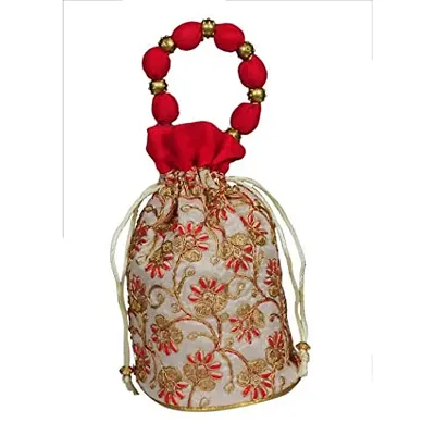 Sunesh Creation Raw Silk Floral Ethnic Rajasthani Multicolor Embroidered Potli Bag Handbag, Wristlets, Clutch for Women, Girls with Handmade Perfect Gifts