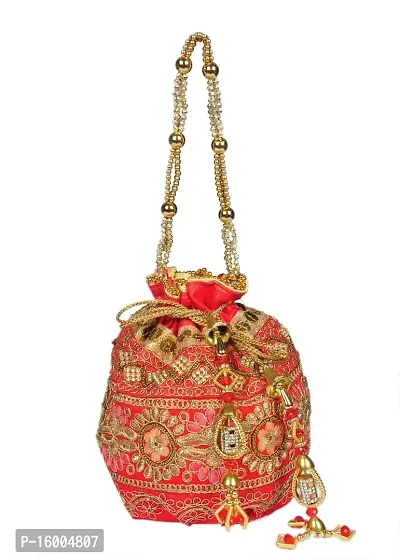 SuneshCreation Raw Silk Floral Ethnic Rajasthani Multicolor Embroidered Potli Bag Handbag, Wristlets, Clutch for Women, Girls with Handmade Perfect Gifts(Multi 9)