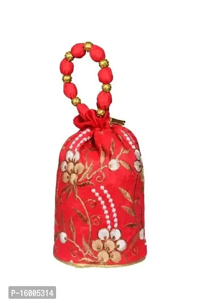 SuneshCreation Raw Silk Floral Ethnic Rajasthani Multicolor Embroidered Potli Bag Handbag, Wristlets, Clutch for Women, Girls with Handmade