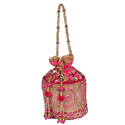 SuneshCreation Raw Silk Floral Ethnic Rajasthani Multicolor Embroidered Potli Bag Handbag, Wristlets, Clutch for Women, Girls with Handmade Perfect Gifts(16 x 11 x 21 cm)