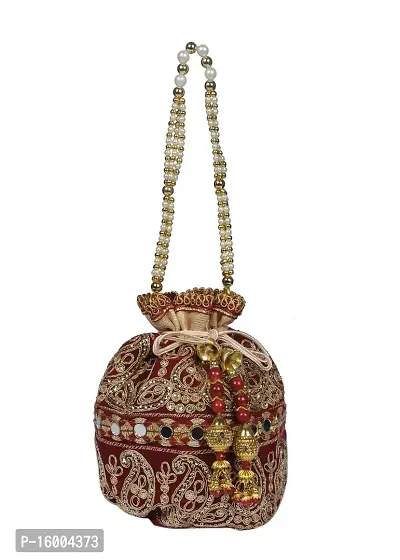 Sunesh Creation Raw Silk Floral Ethnic Rajasthani Maroon Embroidered Potli Bag Gift for Wedding  Other Occasion-thumb0
