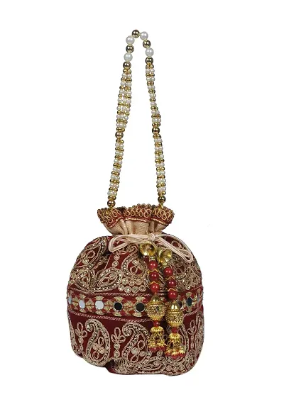 Sunesh Creation Raw Silk Floral Ethnic Rajasthani Multicolor Embroidered Potli Bag Handbag, Wristlets, Clutch for Women, Girls with Handmade Perfect Gifts