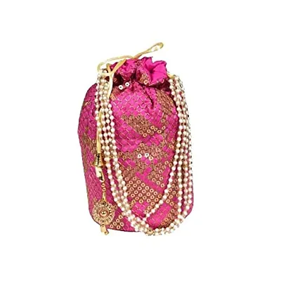 SuneshCreation Raw Silk Floral Ethnic Rajasthani Multicolor Embroidered Potli Bag Handbag, Wristlets, Clutch for Women, Girls with Handmade