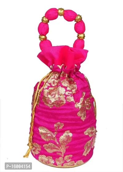 SuneshCreation Raw Silk Floral Ethnic Rajasthani Multicolor Embroidered Potli Bag Handbag, Wristlets, Clutch for Women, Girls with Handmade Perfect Gifts-thumb0