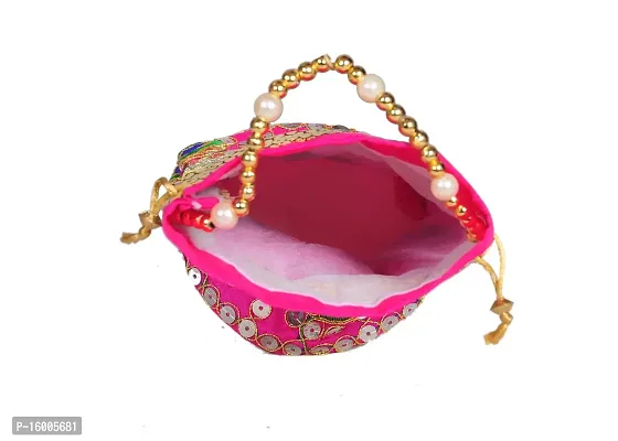 SuneshCreation Raw Silk Floral Ethnic Rajasthani Multicolor Embroidered Potli Bag Handbag, Wristlets, Clutch for Women, Girls with Handmade Perfect Gifts-thumb2