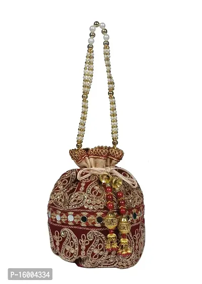 SuneshCreation Raw Silk Floral Ethnic Rajasthani Multicolor Embroidered Potli Bag Handbag, Wristlets, Clutch for Women, Girls with Handmade Color Maroon