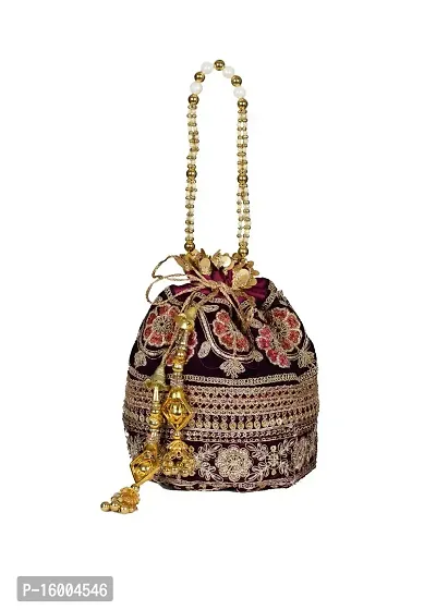 SuneshCreation Raw Silk Floral Ethnic Rajasthani Burgundy Embroidered Potli Bag Gift for Wedding  Other Occasion