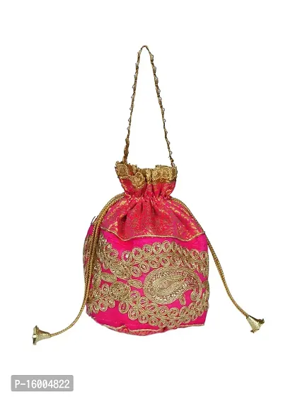 SuneshCreation Raw Silk Floral Ethnic Rajasthani Multicolor Embroidered Potli Bag Handbag, Wristlets, Clutch for Women, Girls with Handmade Perfect Gifts (Multi 6)