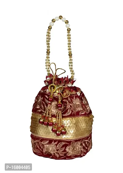 SuneshCreation Raw Silk Floral Ethnic Rajasthani Multicolor Embroidered Potli Bag Handbag, Wristlets, Clutch for Women, Girls with Handmade Perfect Gifts (Multi 11)