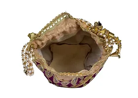 SuneshCreation Raw Silk Floral Ethnic Rajasthani Multicolor Embroidered Potli Bag Handbag, Wristlets, Clutch for Women, Girls with Handmade Perfect Gifts (16 x 11 x 21 cm)-thumb1