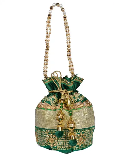 Sunesh Creation Raw Silk Floral Ethnic Rajasthani Multicolor Embroidered Potli Bag Handbag, Wristlets, Clutch for Women, Girls with Handmade Perfect Gifts (16 x 11 x 21 cm)