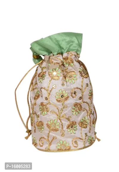 SuneshCreation Raw Silk Floral Ethnic Rajasthani Multicolor Embroidered Potli Bag Handbag, Wristlets, Clutch for Women, Girls with Handmade Perfect Gifts-thumb0