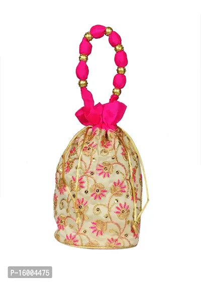 SuneshCreation Raw Silk Floral Ethnic Rajasthani Multicolor Embroidered Potli Bag Handbag, Wristlets, Clutch for Women, Girls with Handmade Perfect Gifts
