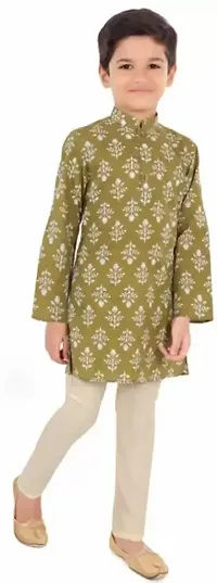 Stylish Green Cotton Printed Kurta Sets For Boys-thumb0