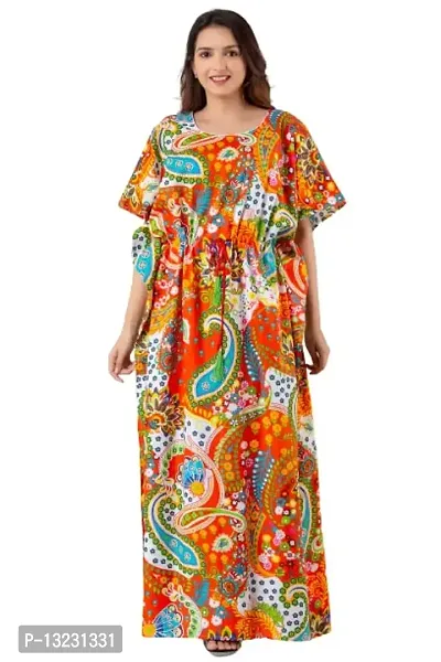 Bangur Fabric Women Printed Cotton Nightwear Nighty Maxi.1202-ORANGE-FREESIZE