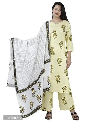 Women's Printed Rayon Straight Kurti with Pant and Dupatta Set For Women Girls.